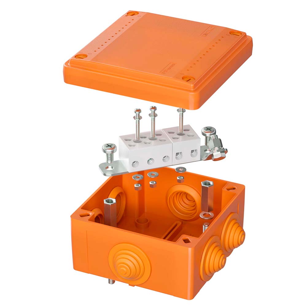 Коробка ответвительная DKC огнестойкая с кабельными вводами 100х100х50 мм, 6 вводов, 5 полюсов, IP55, оранжевая