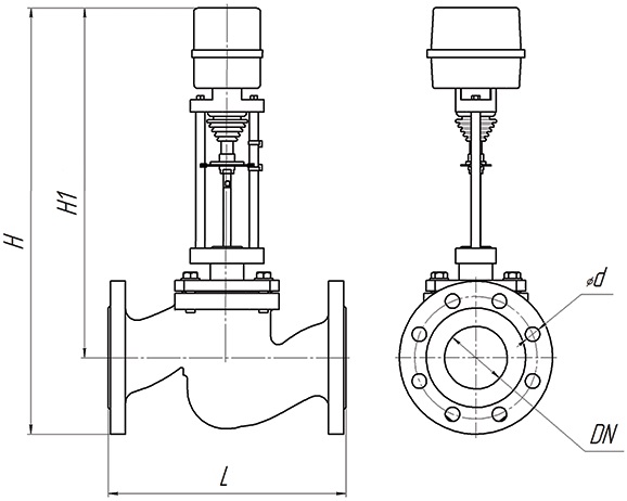 Клапан регулирующий двухходовой DN.ru 25ч945п Ду40 Ру16 Kvs25, серый чугун СЧ20, фланцевый, Tmax до 150°С с электроприводом Катрабел TW-500-XD24